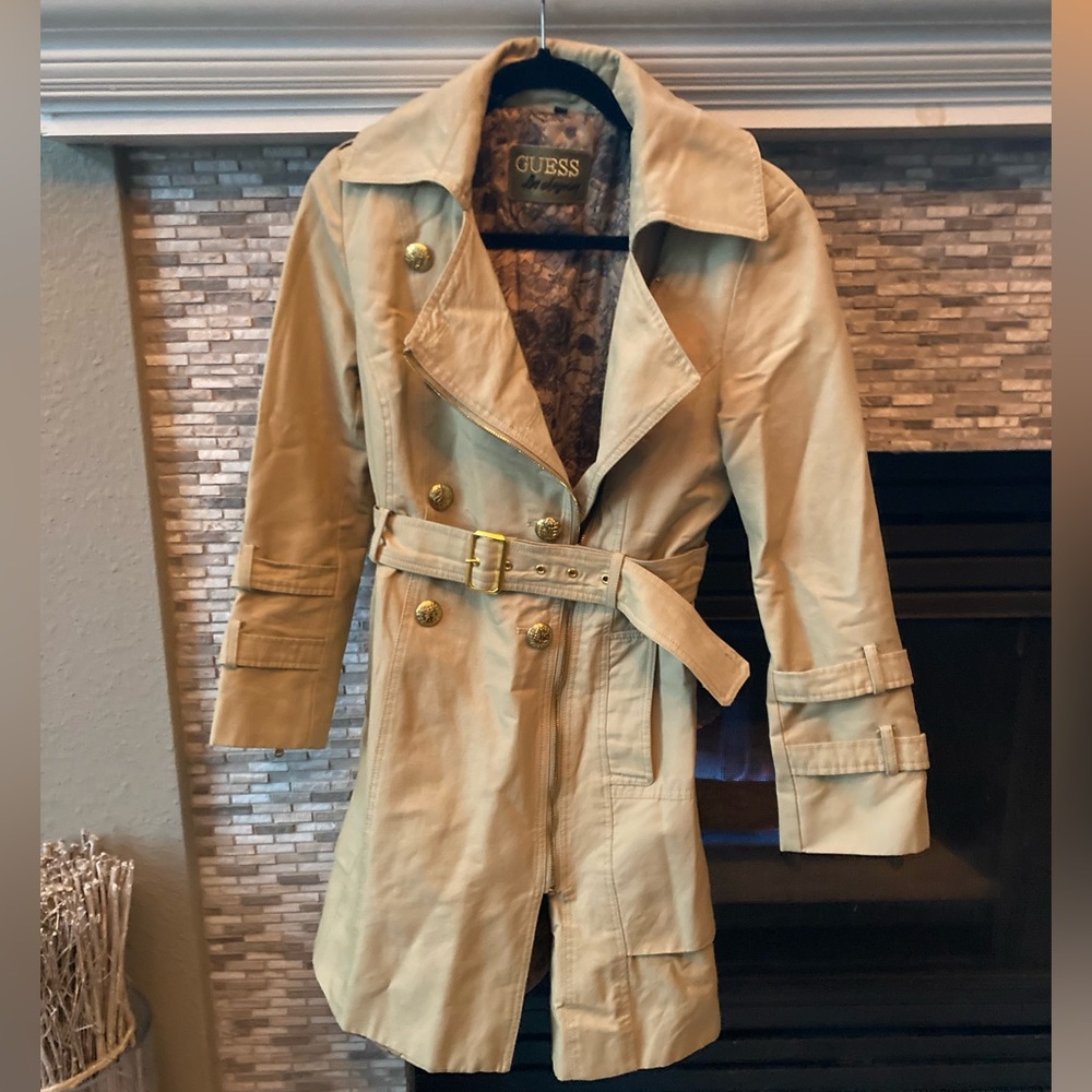 Guess Tan Light Brown Camel Knee Length Fit Flare Double Breasted Trench Coat